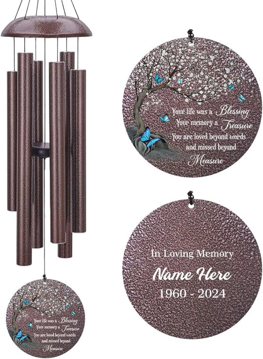 Personalized Wind Chimes, Blue Butterfly Sympathy Wind Chime, in Loving Memory for Loss of Loved Dad/Mom, Metal Large Memorial Condolences Gifts, 36inch Deep Tone Wind Chime