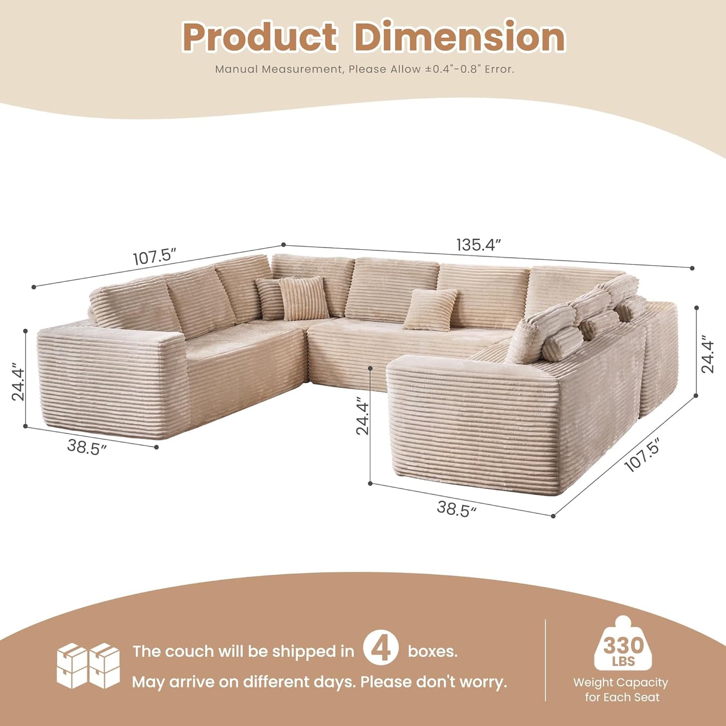 HOOOWOOO Cloud Sectional Couches for Living Room,Modular Sectional Sofa No Assembly,136X110 Inch Plush Corduroy Large U Shaped Floor Couch Set with Deep Seat(Beige)