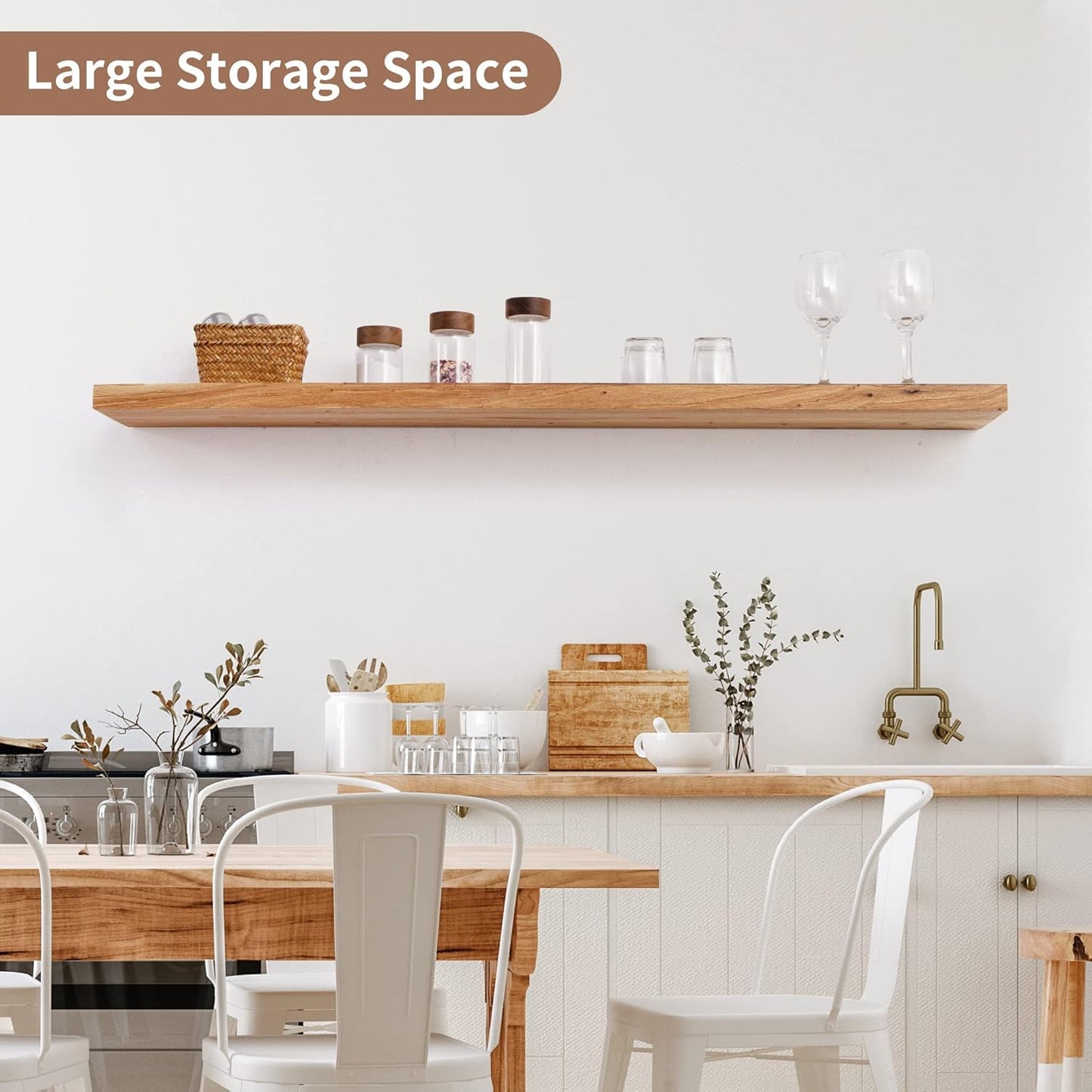 Axeman Rustic Elm Wood Floating Shelves for Wall, 48'' x 8" Deep Wall Shelf with Invisible Bracket, Large Long Wall Mounted Storage Shelves for Living Room, Bedroom, Kitchen, Bathroom Decor, Natural