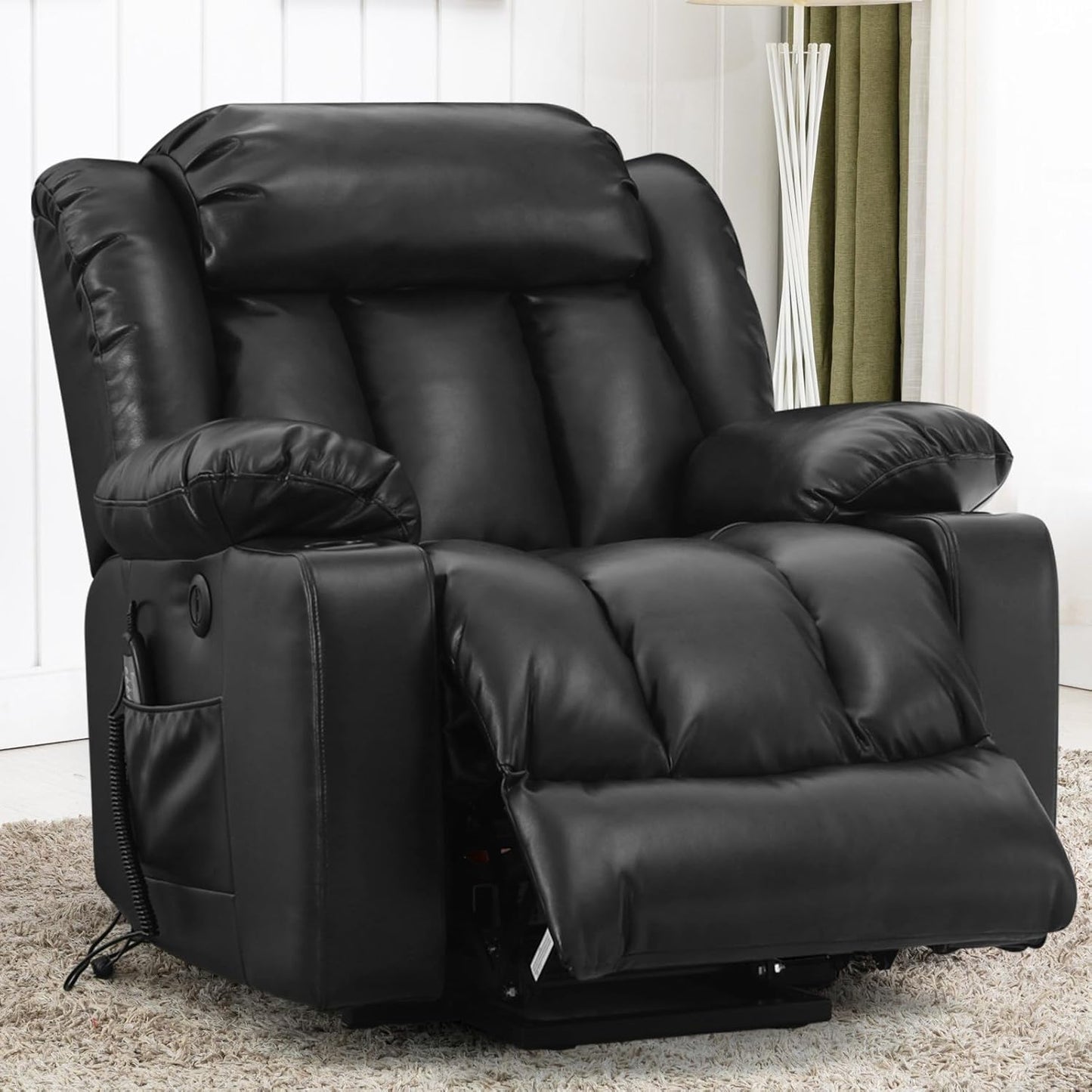 PARKOL Power Lift Recliner Chair for Elderly Breathable Leather Recliner Chair with Massage and Heat,2 Cup Holders,Electric Stand Assist,USB Ports,Gifts for Family (Black)