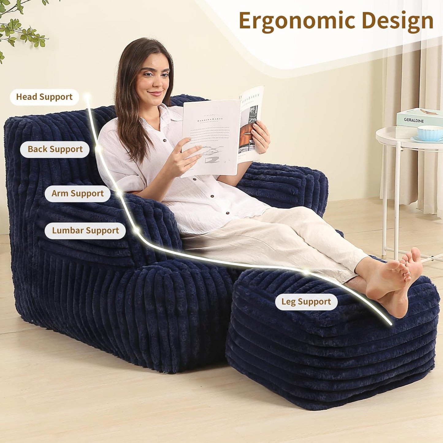 Comfy Gaint Bean Bag Chair with Ottoman, Fluffy Huge Bean Bag Armchair for Adults and Teens, Dark Blue