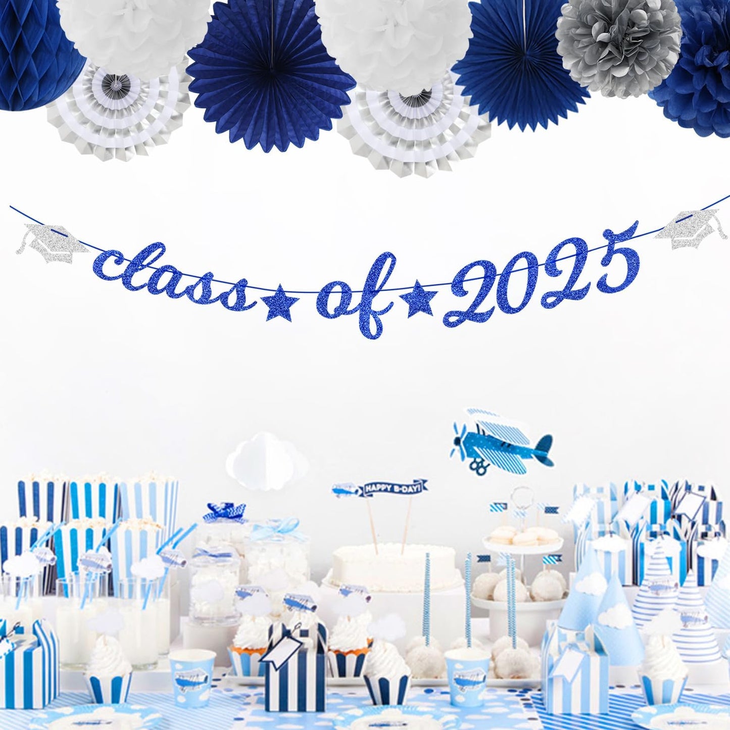 Navy-Blue White-Silver Party-Decoration Graduation Banner - 14pcs Kits Cap Garland Streamers, Royal Paper Tissue Pom Poms Flowers Fans Honeycomb,Class Of 2025 College High School Grad Decor Hugfond