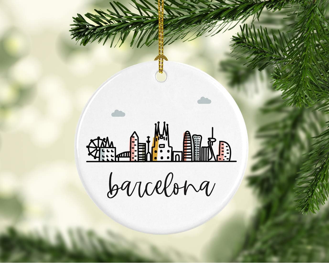 Andaz Press Round Ceramic Porcelain Christmas Tree Ornament Keepsake Gift, Barcelona, Colorful International City Skyline Graphic 1-Pack Birthday Family Coworker, Gift Box Barcelona Christmas Ornament