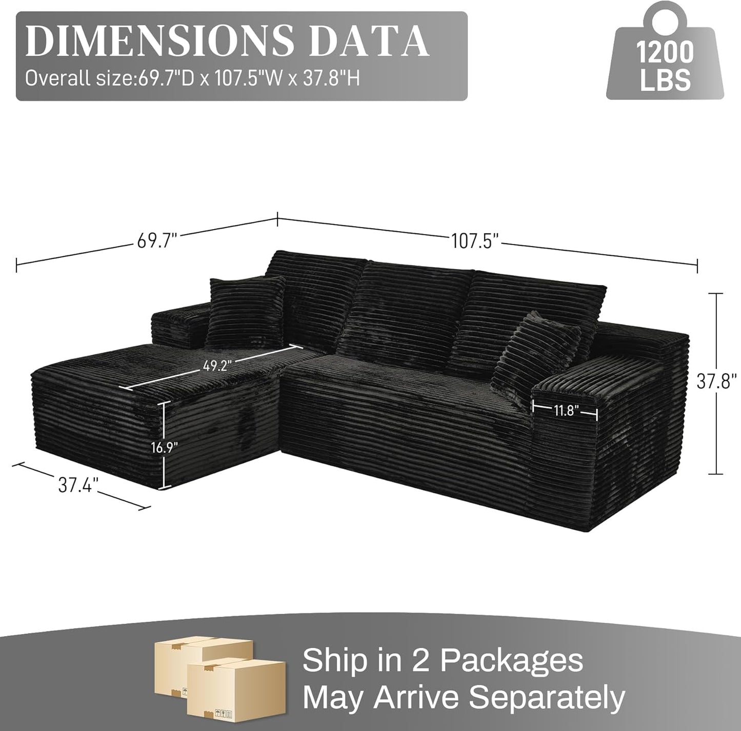 Modular Sectional Sofa Cloud Sectional Couch, 107" Comfy Fluffy L Shaped Light Black Couches for Living Room, Deep Seat Memory Foam Corduroy Boneless Couch Sectionals with Right Facing Chaise Sofa