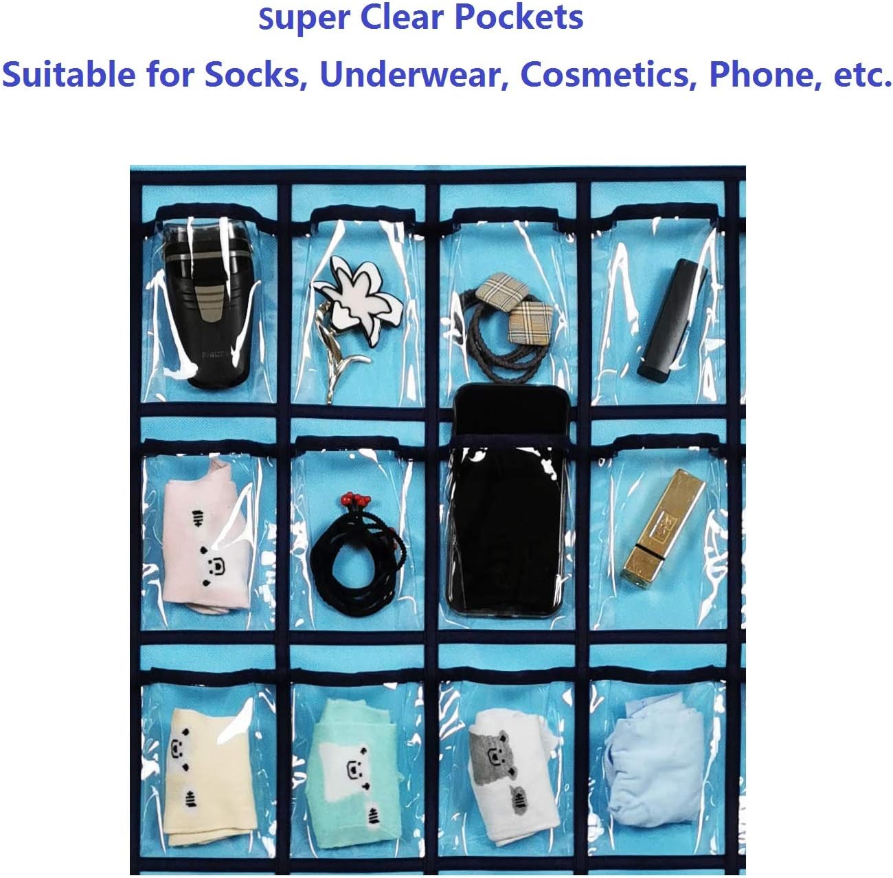 Classroom Pocket Chart for Phone Calculator Holder Over The Door Hanging Closet Jewelry Organizer with 30 Clear Pockets (Blue)