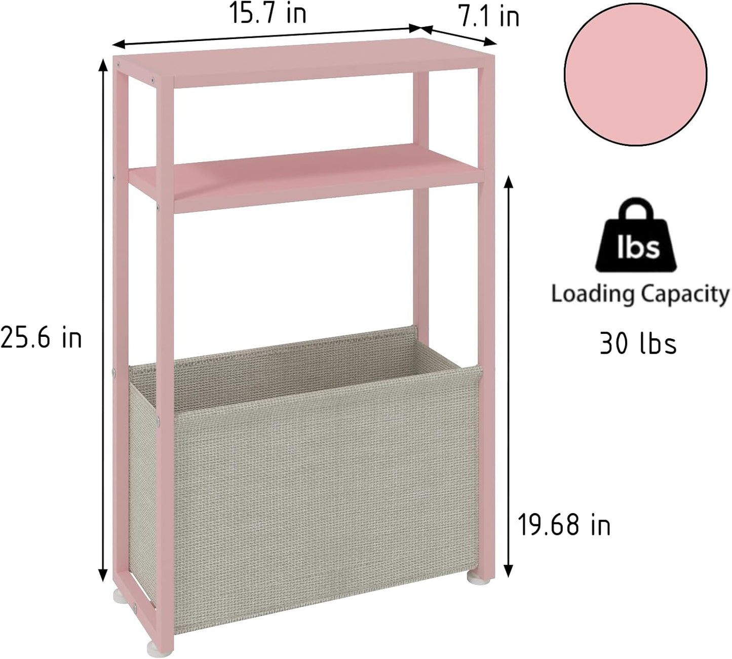 Narrow Side Table, Slim End Tables with Fabric Basket, Skinny Table for Small Spaces, Thin Bedside Table for Living Room, Bedroom (1, Jelly Pink + Cream White)