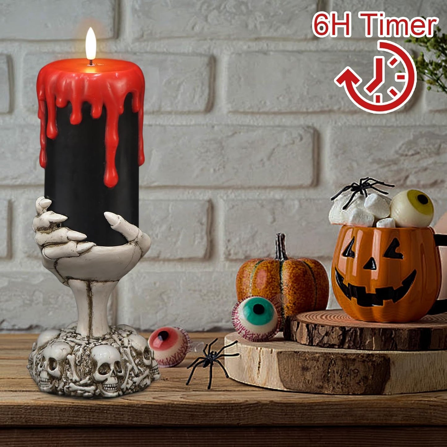 Wondise Halloween Flameless Candles with Ghost Hand, Battery Operated LED Black Candles with 6hrs Timer, Real Wax Pillar Candles with Flickering 3D Wick for Halloween Home Theme Party Decor