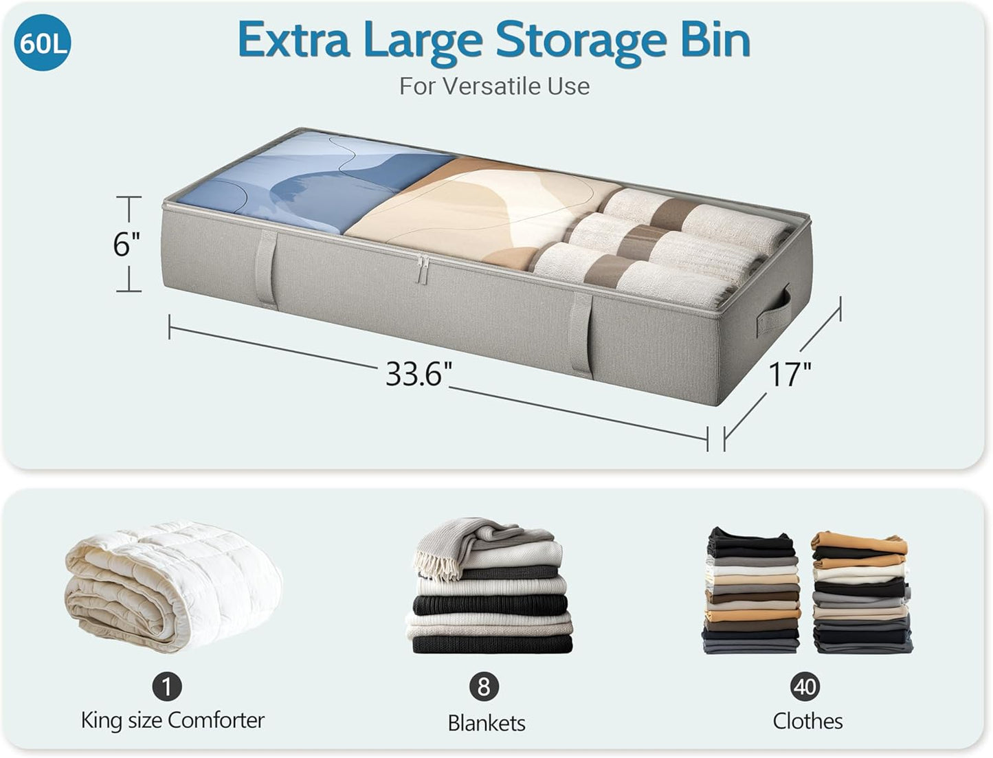 2-Pack Under Bed Storage Containers, 6 Inches Tall Underbed Clothes Storage Organizer Bin with Sturdy Sidewalls/Bottom, Underbed Storage Bins 2 Storage Thin Bins