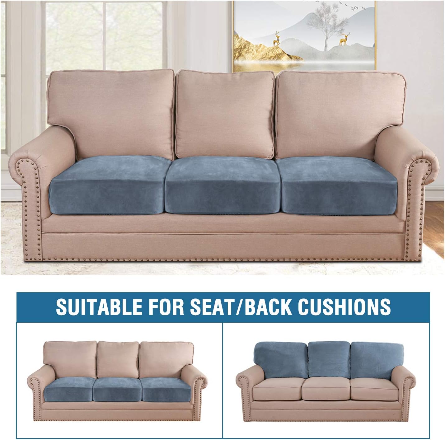 H.VERSAILTEX Velvet Stretch Couch Cushion Cover Plush Cushion Slipcover for Sofa Cushion Furniture Protector Seat Cushion Sofa Cover (3 Piece Sofa Cushion Covers, Stone Blue)