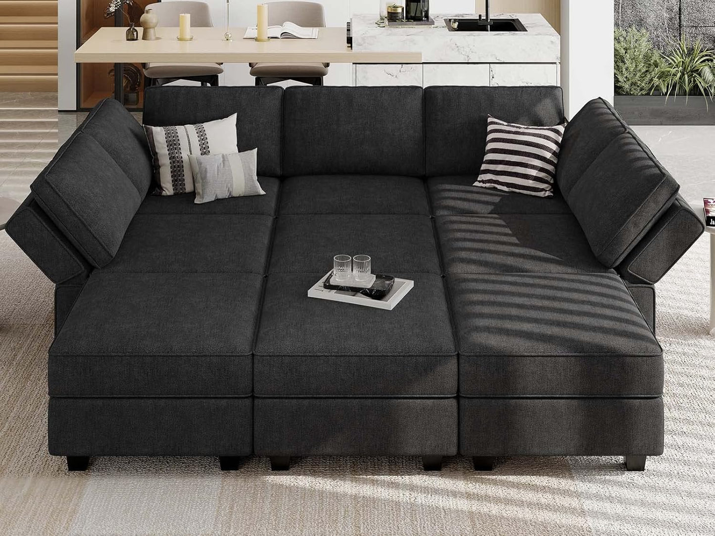 Belffin Modular Sectional Sleeper Sofa Couch with Storage Ottoman Convertible Sectional Couches for Living Room Terry Reversible Chaise. Black Sofa