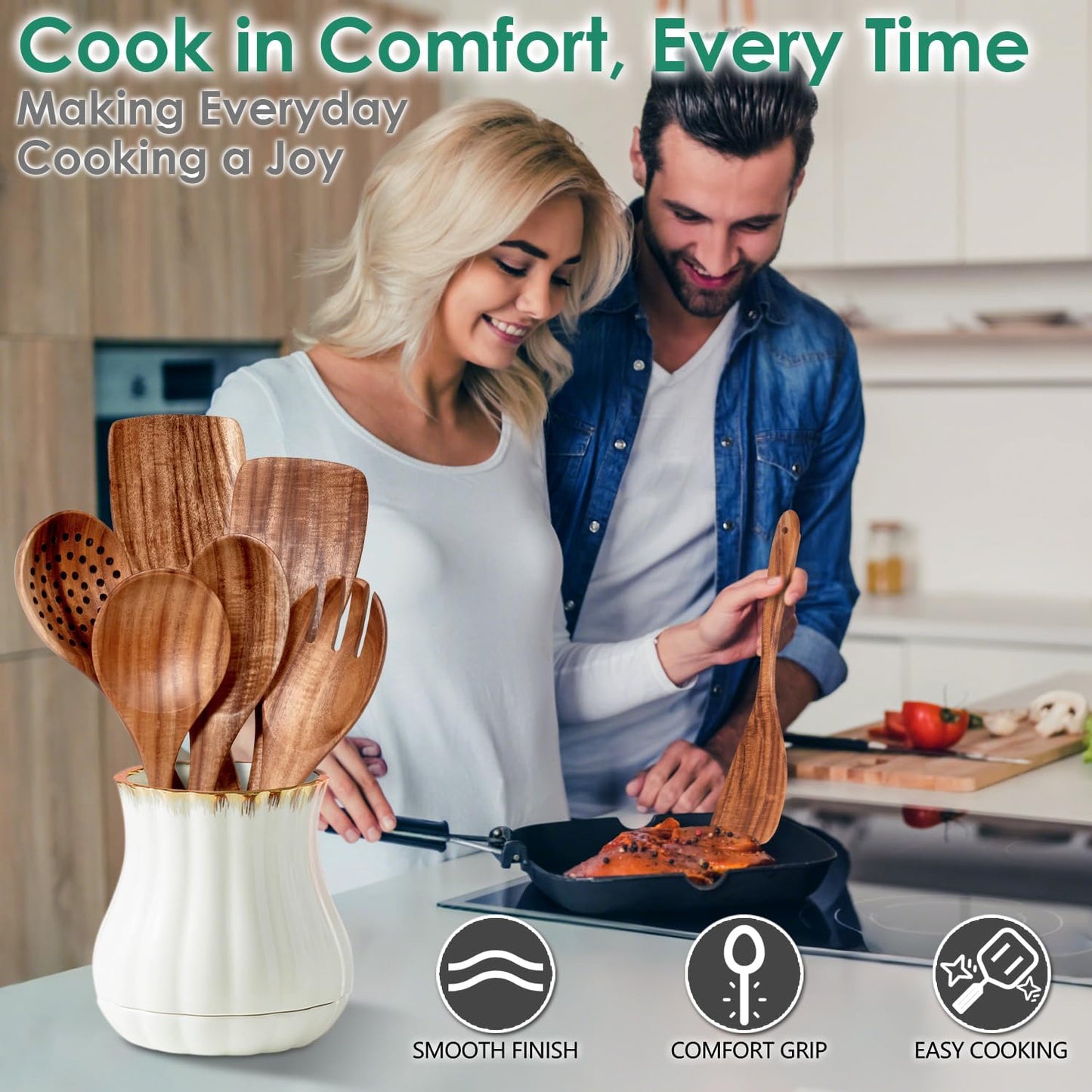 Wooden Spoons for Cooking 6 Piece - Natural Teak Wood Kitchen Utensils Set - Smooth Finish Soft Comfort-Grip Safe for Nonstick By HOWHONG