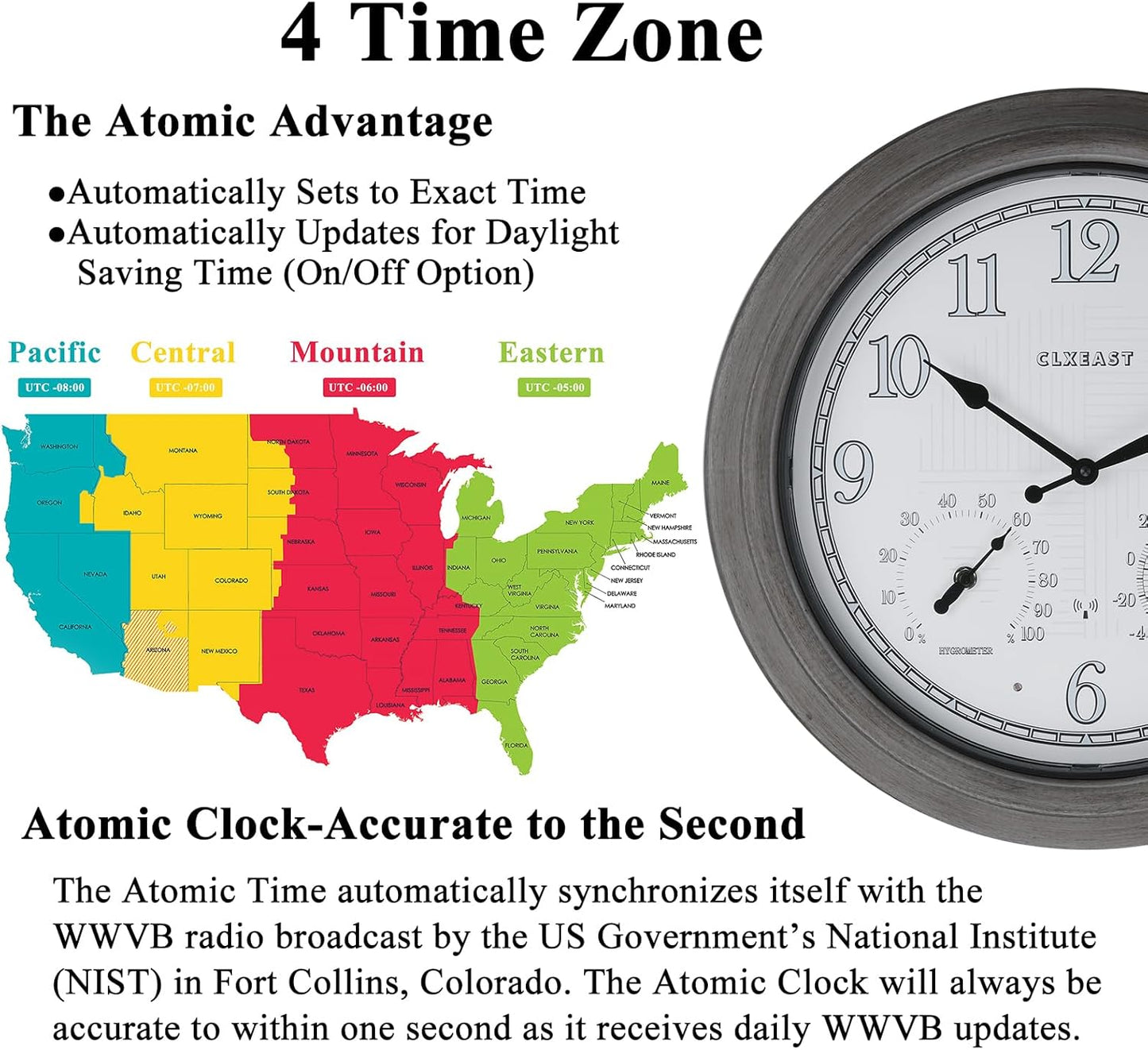 CLXEAST 18 Inch Farmhouse Illuminated Outdoor Atomic Wall Clock with Thermometer & Hygrometer Combo, Night Lighted Wall Clock with Smart Sensor, Weather Stations,Brushed Grey Oak Finish