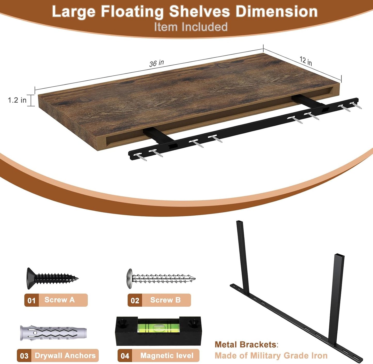12 Inch Deep Floating Shelves for Wall 2 Pack Floating Shelves Large Storage Space Wall Mount Shelf for Living Room Kitchen Bathroom 36" W x 12" D x 1.2" H Rustic Brown