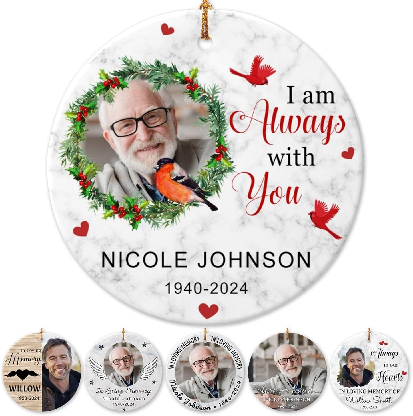 Personalized Memorial Christmas Ornaments 2025 w/Photo & Name, Custom Memorial Gifts for Lost Loved One,Double-Sided Ceramic Customized Xmas Ornaments for Christmas Tree