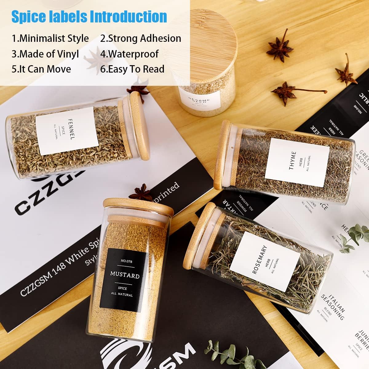 12 Pcs Glass Spice Jars With 296 Spice Labels Preprinted of White and Black Color- 10oz Thicken(2.4mm) Spice Containers With Bamboo Airtight Lids - Empty Small Herb Seasoning Jars