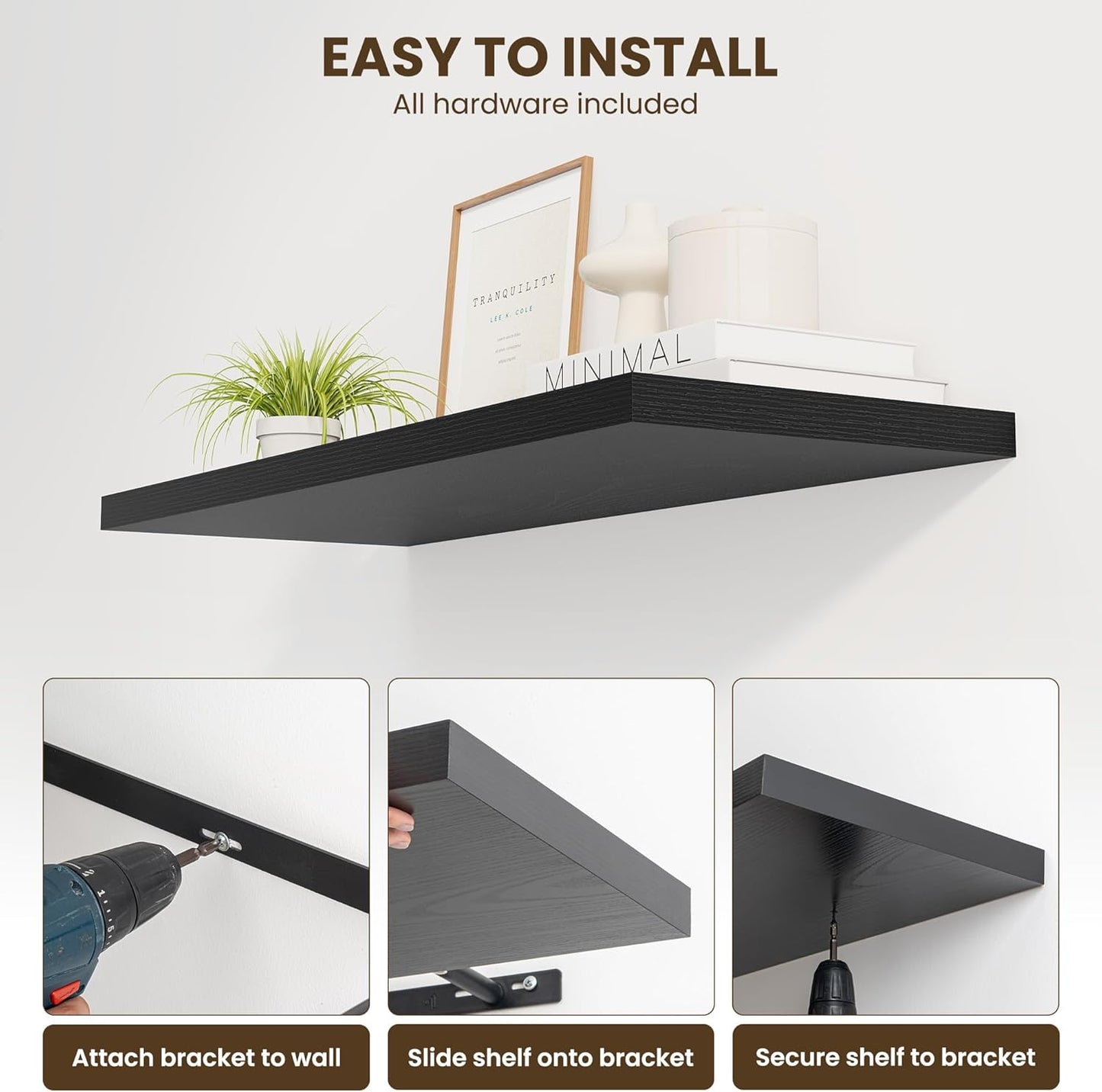 40" Floating Shelves for Wall, 12" Deep Slim Black Floating Shelves, Wall-Mounted Shelves for Bedroom, Living Room, Kitchen, Bathroom - Set of 2