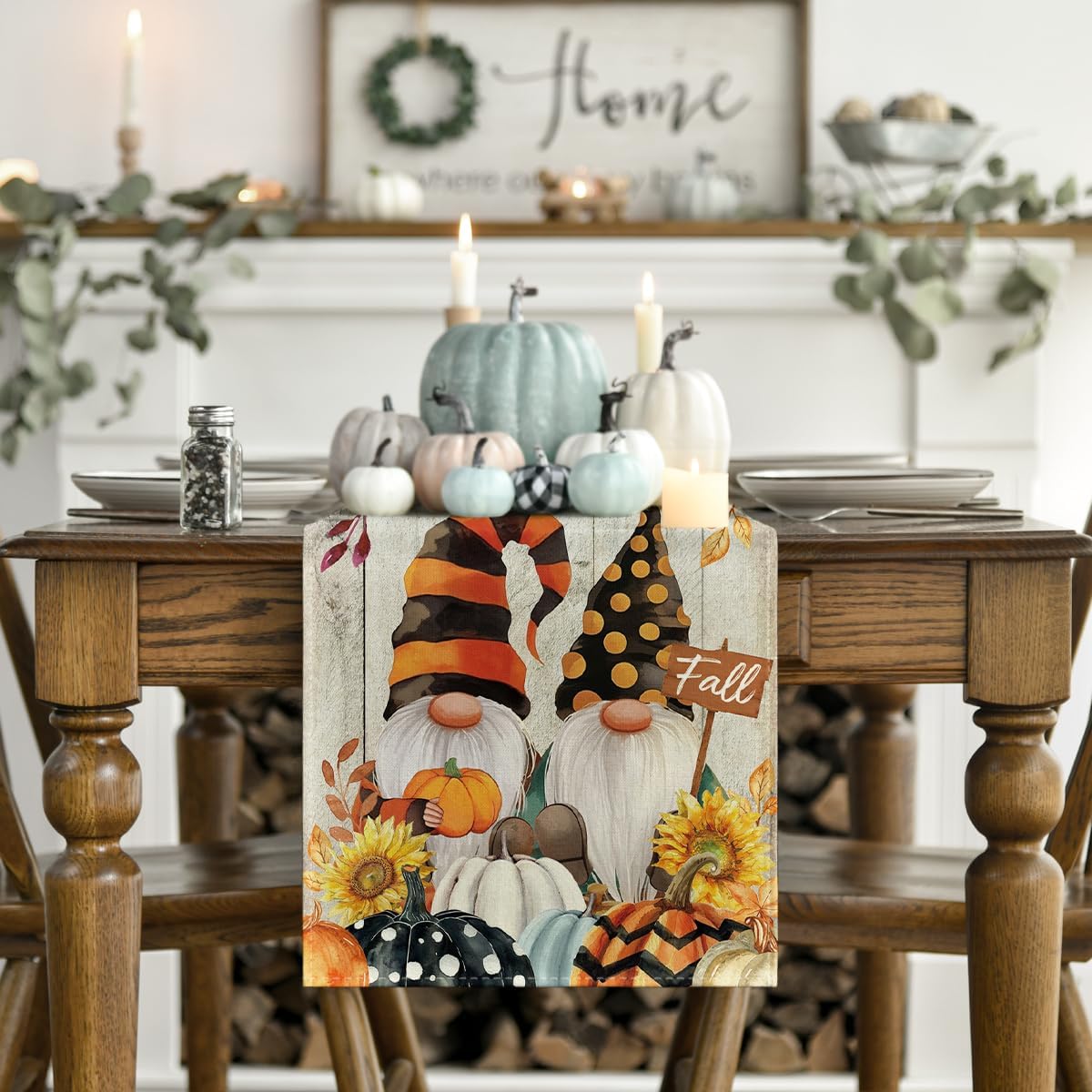 Artoid Mode Wood Gnomes Pumpkins Sunflower Maple Leaves Fall Table Runner, Kitchen Dining Table Decoration for Home Party Decor 13 x 90 Inch