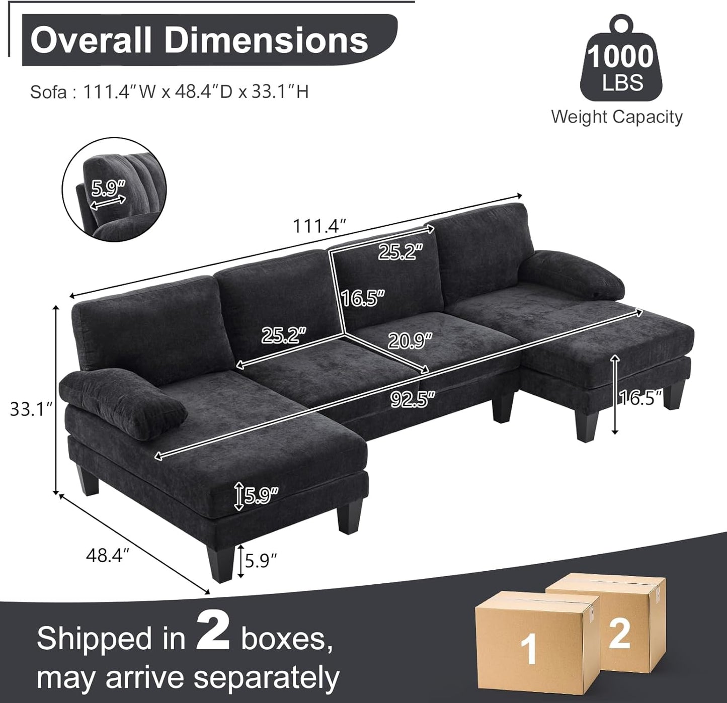 Karl home U-Shape Sectional Sofa Couch 111" Modern 4-Seat Sofa with Chaises Chenille Fabric Upholstered Covertible Couch with Wood Grain Legs for Living Room, Reception Room, Apartment, Black
