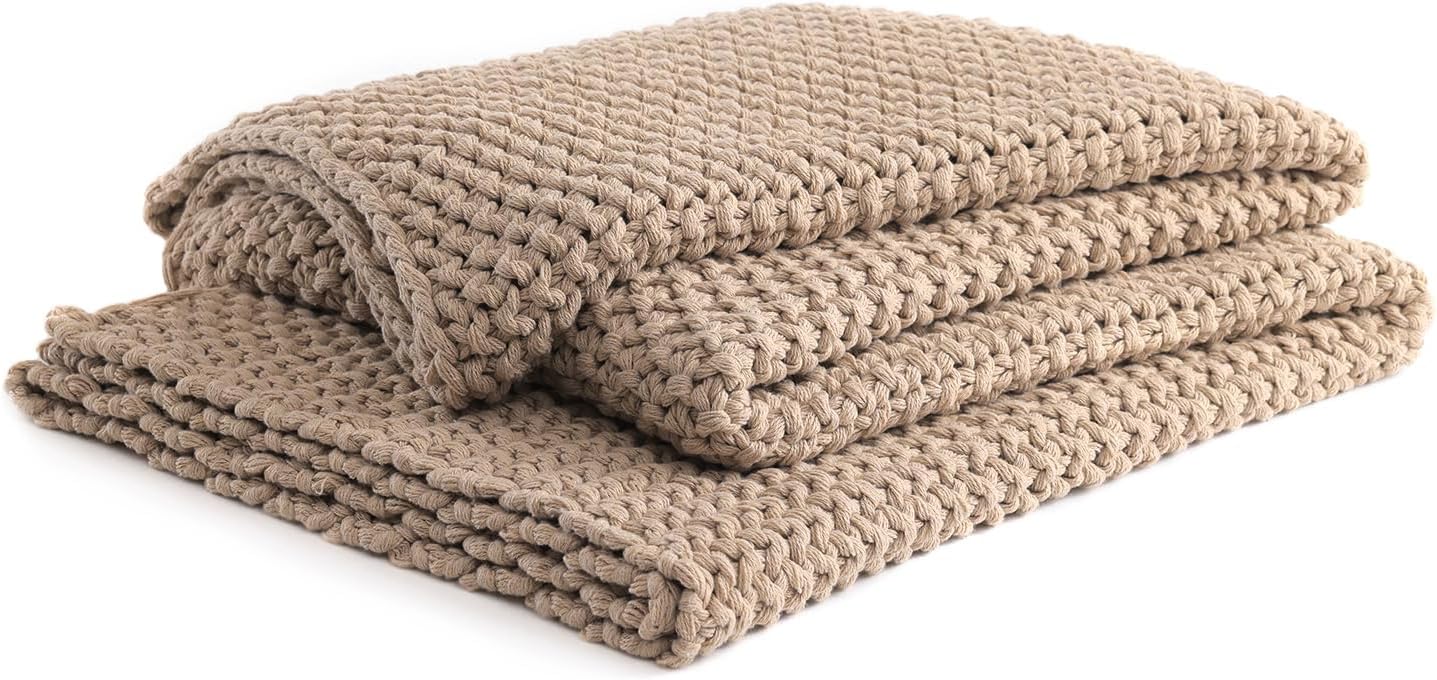 YnM Chunky Cotton Knit Throw Blanket, Cable Knit Throws for Bed Couch Sofa, Comfy & Relaxing, Decorative Piece for Farmhouse Modern Boho Rustic Scandinavian Chic Vibe, Beige 40x50 Inches
