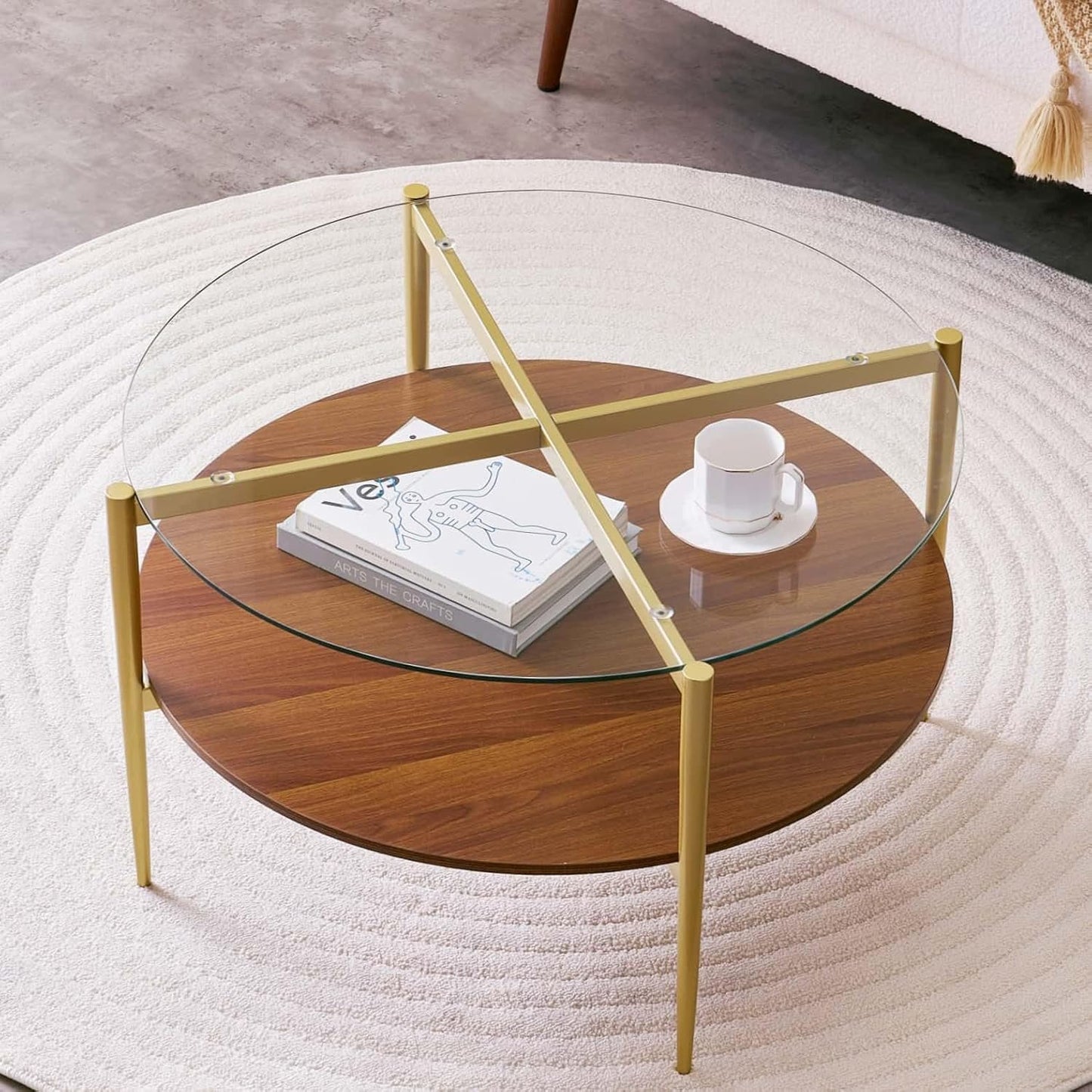 Round Coffee Table, Mid-Century Modern Design, D30“ x H17”, for Living Room, 2-Tier Structure, Clear Glass Top and Walnut MDF Shelf, Sleek Conical Metal Legs with Gold Finish