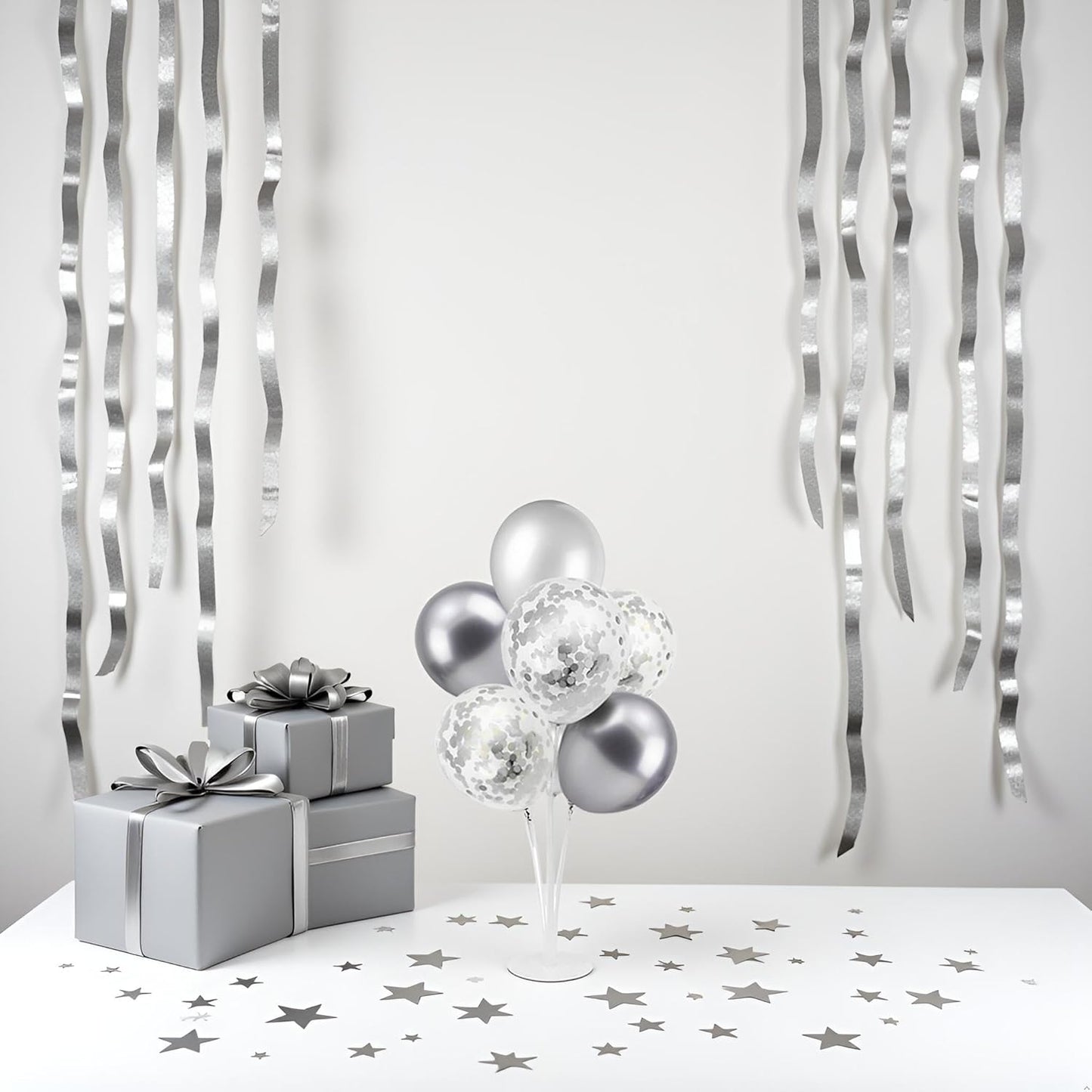 Silver Balloon Stand Centerpiece Table Decorations for 25th Wedding Anniversary Birthday Bridal Shower Father's Day Mother's Day Platinum Party Decorations(Silver gray set4)