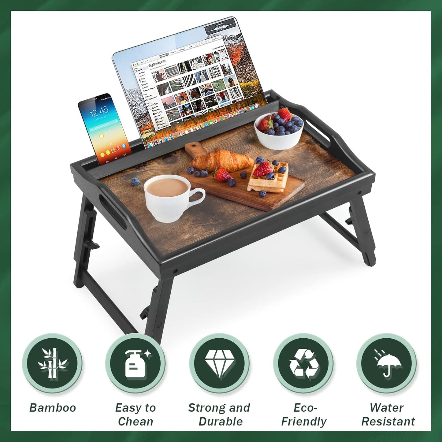 2 Pack Bed Tray Table Breakfast Trays Serving Tray Adjustable Height for Eating Bamboo Bed Laptap Floding Legs with Handles and Phone Holders