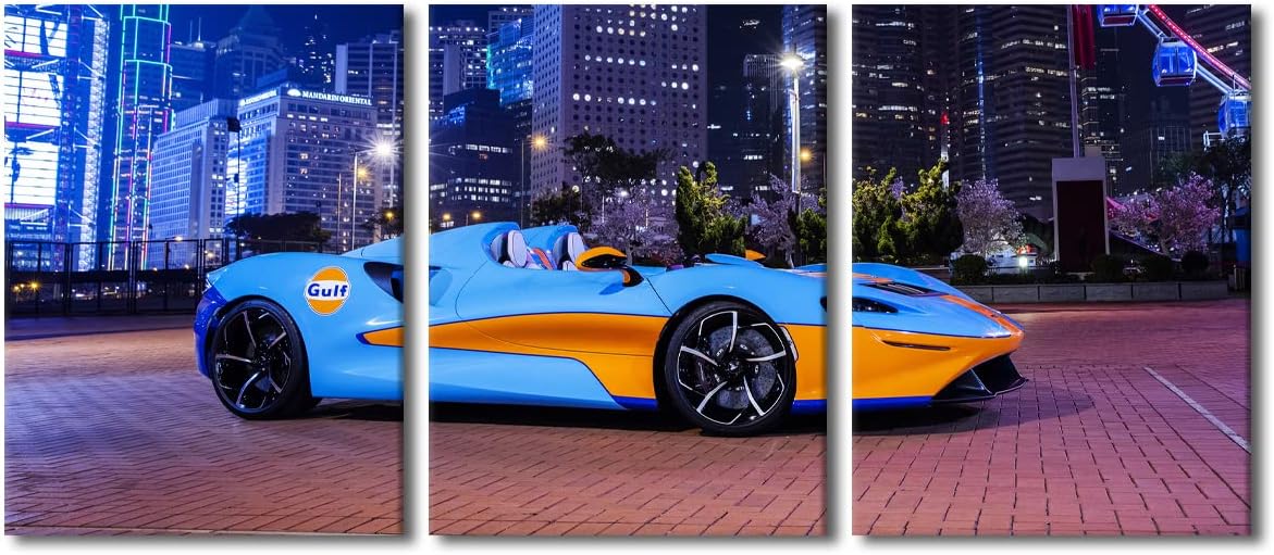 Sports Car and City Landscape Wall Art Painting on Canvas Supercar Speed Car Bedroom Wall Art Modern Home Decor House Decorations for Living Room Bathroom Pictures Stretched on Wooden Frame 36"Wx16"H