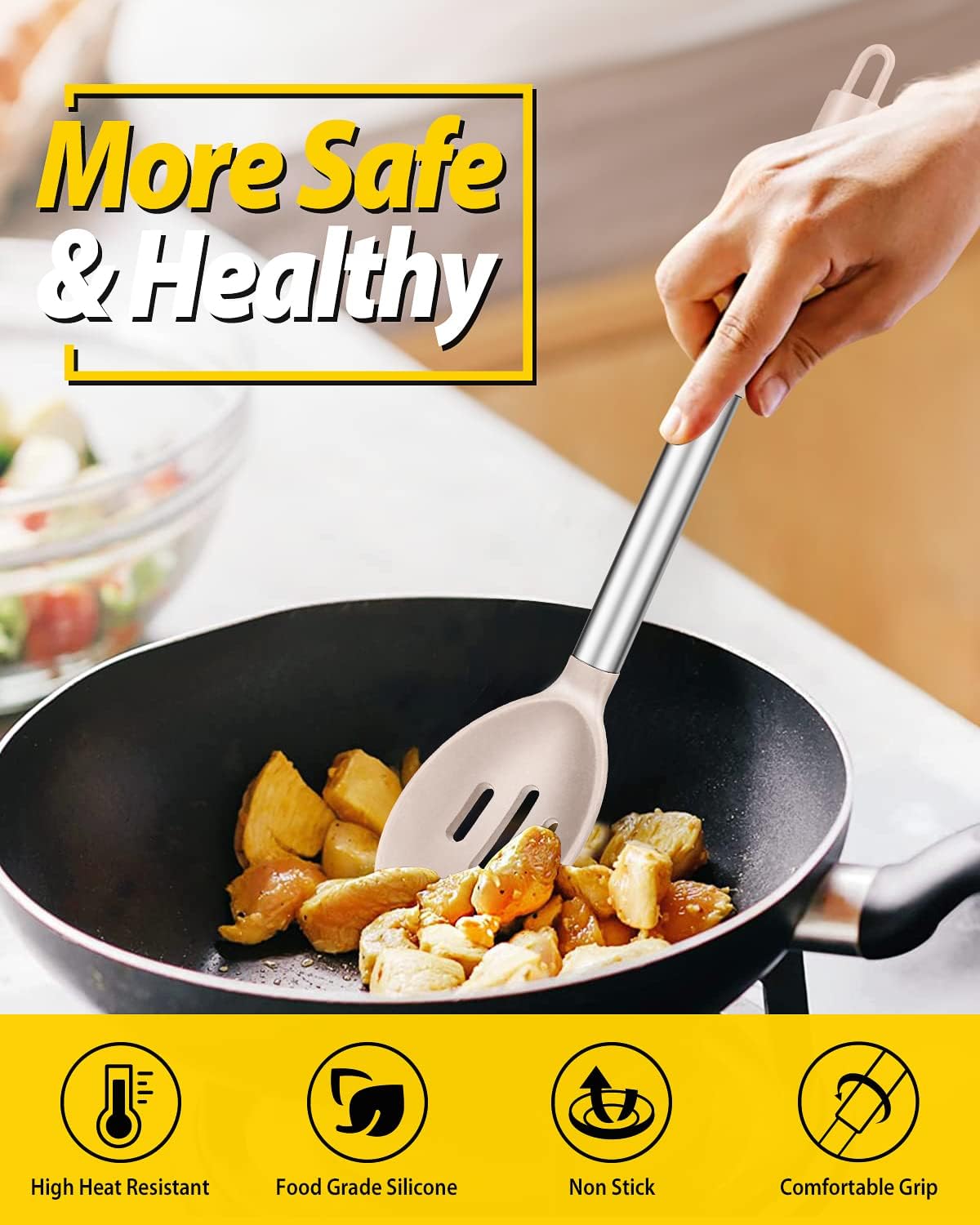 Pack of 2 Large Silicone Cooking Spoons,Non Stick Solid Basting Spoon,Heat-Resistant Kitchen Utensils for Mixing,Serving,Draining,Stirring (STAINLESS STEEL KHAKI)