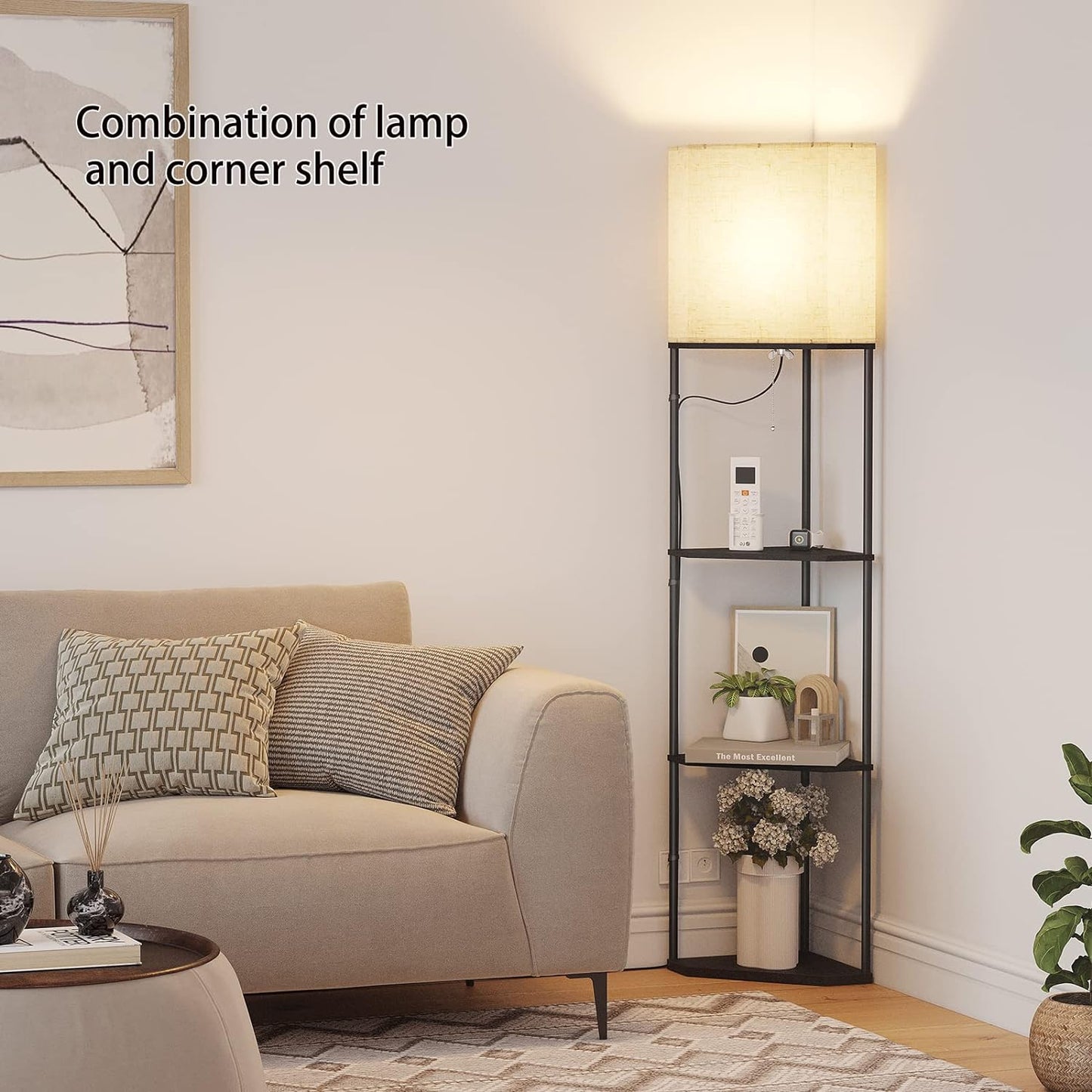 SUNMORY Sector Corner Shelf Lamp 3 Color Temperatures LED Bulb,Corner Lamps with Linen Lampshade, Floor Lamps for Living Room, Bedroom, Study, Black Standing Lamp with Shelves