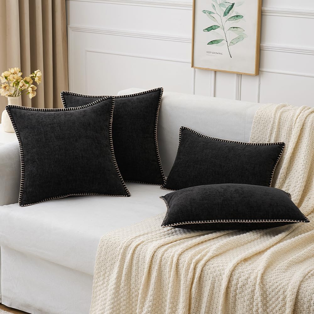 MIULEE Pack of 2 Couch Throw Pillow Covers 18x18 Inch Black Farmhouse Decorative Pillow Covers with Stitched Edge Soft Chenille Solid Dyed Spring Pillow Covers for Sofa Bed Living Room