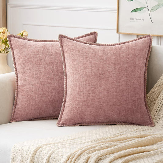 MIULEE Pack of 2 Couch Throw Pillow Covers 20x20 Inch Blush Pink Farmhouse Decorative Pillow Covers with Stitched Edge Soft Chenille Solid Dyed Spring Pillow Covers for Sofa Bed Living Room