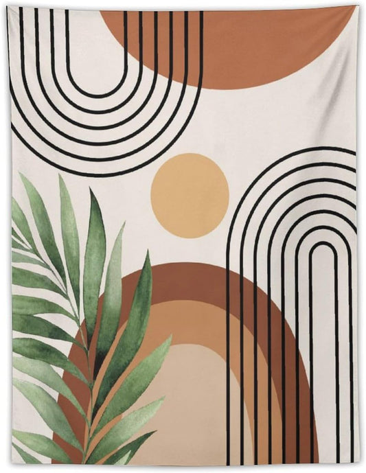Abstract Bohemian Mid Century Tapestry, Tropical Leaves Modern Geometric Archway Minimalist Bohemian Botanical Aesthetic Wall Hanging, Sage Green Gold Home Decor Art for Bedroom 50x60 Inch