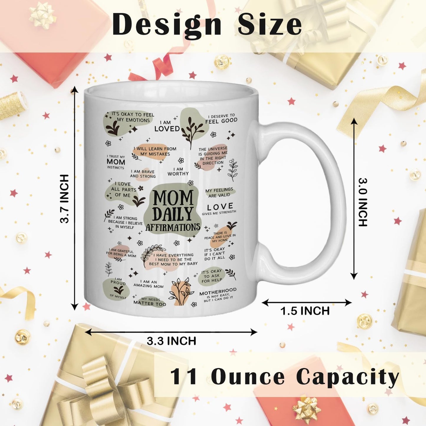 JINYO Boho Floral Mom Coffee Cup, Mother's Day Mugs Cups, Mother Birthday Gifts from Daughter Son, Mom Daily Affirmation Ceramic Coffee Tea Mug 11 oz