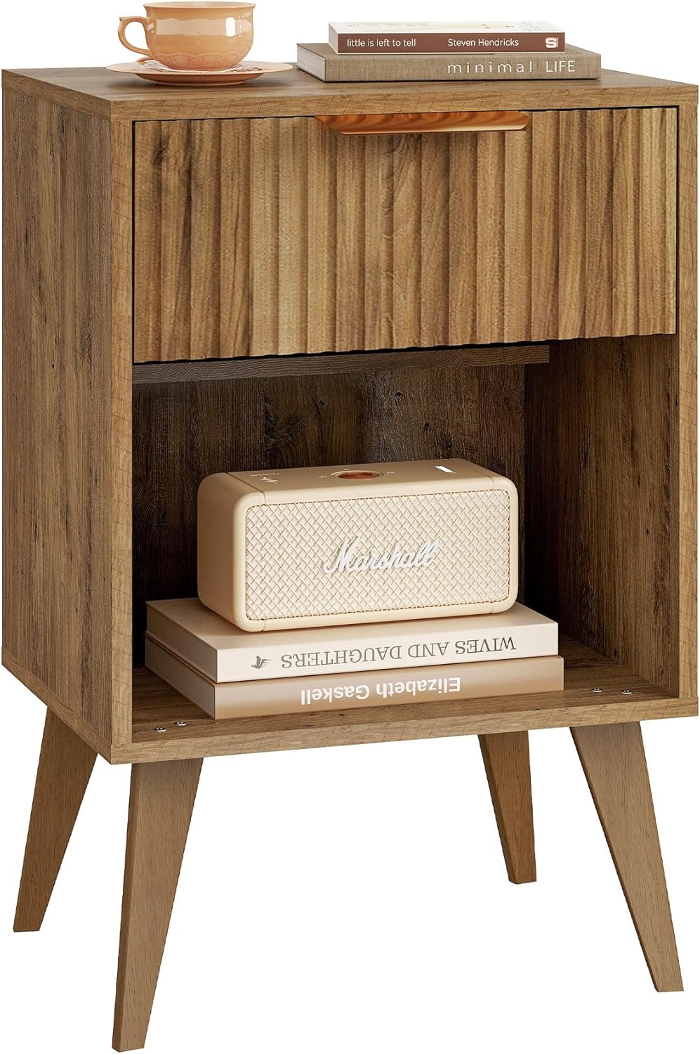 Fluted Night Stand with Opening Storage,Mid Century Bedside Table with Drawer,Wood Nightstand with Solid Wood Legs,End Table Side Table for Living Room,Bedroom,Caramel Oak CTG56BR