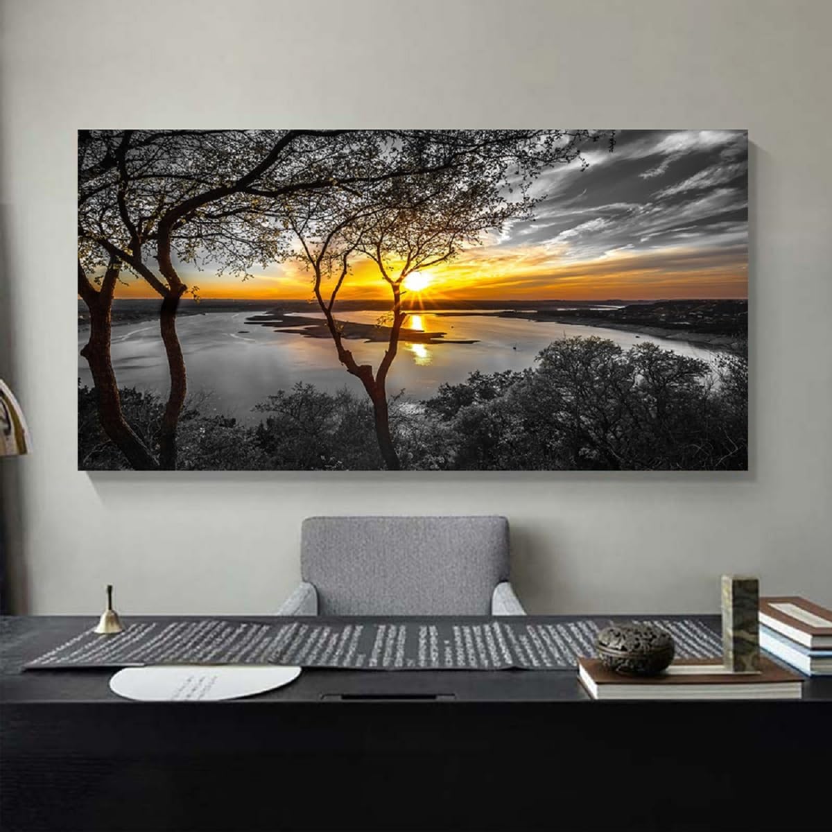 Bamdeya Black and White Canvas Wall Art Bedroom large Lake Tree Print Art Forest Gold Sunset Poster Picture Natural Scenery Wall Decor Living Room Landscape Painting Office Home Decorations Framed