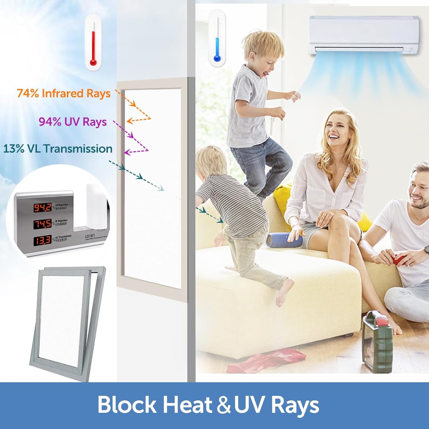 HIDBEA Frosted Window Privacy Film - Non Adhesive Static Cling Glass Stickers Sun UV Blocking Heat Control Door Covering Decals for Home Office, Frosted White, 17.3 x 98.4 Inch