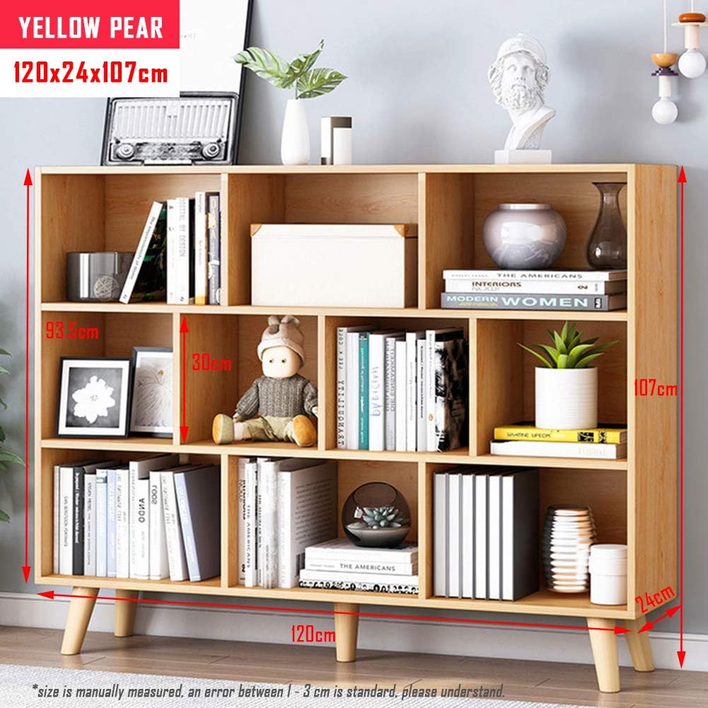 IOTXY Wooden Open Shelf Bookcase - 3-Tier Floor Standing Display Cabinet Rack with Legs, 10 Cubes Bookshelf, Pear Yellow