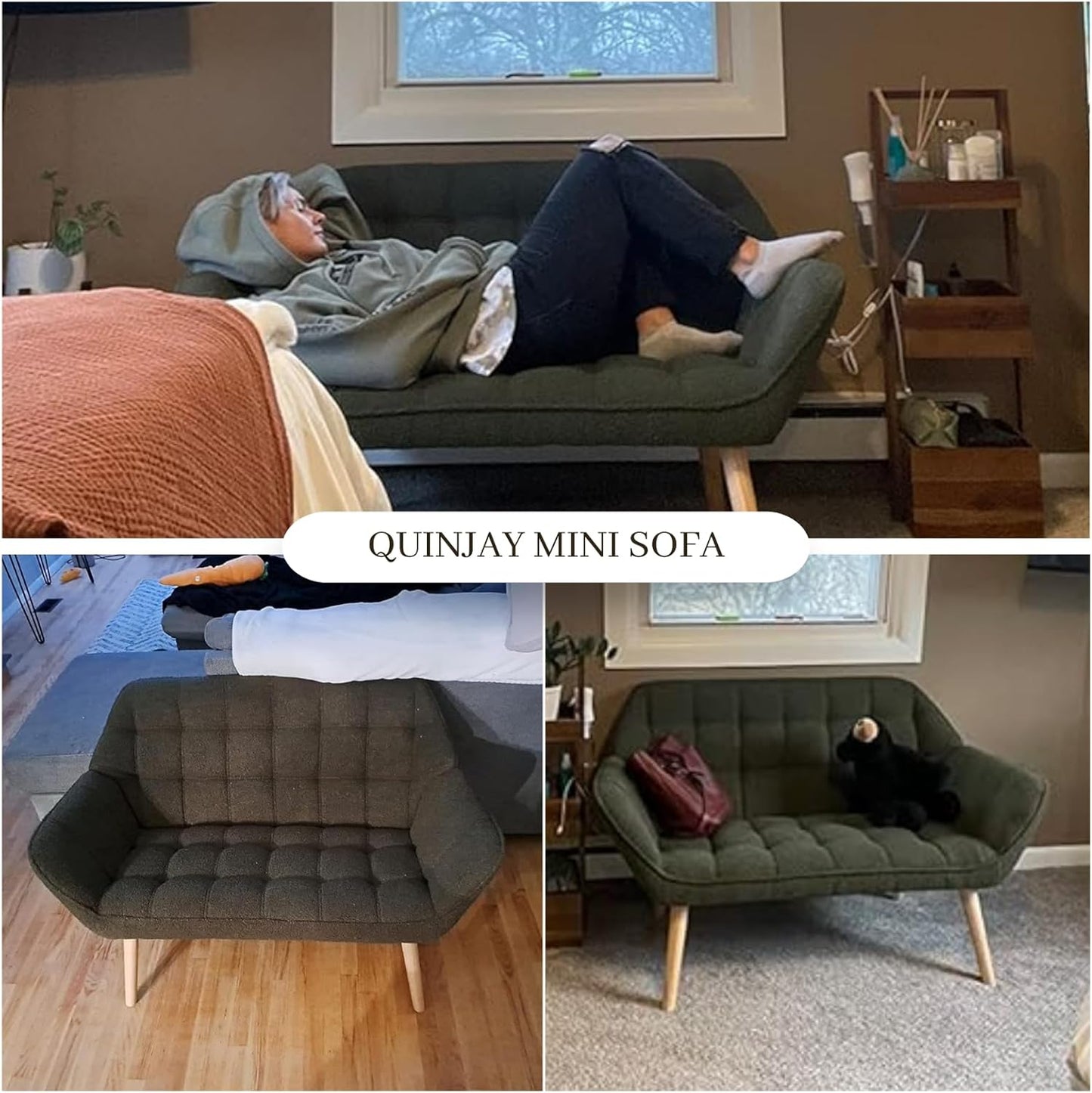 48" Small Loveseat Sofa, Modern Sherpa Mini Sofa Couch 2-Seater Fluffy Love Seat with Quilting Backs and Wood Legs for Living Room, Bedroom and Small Space, Green