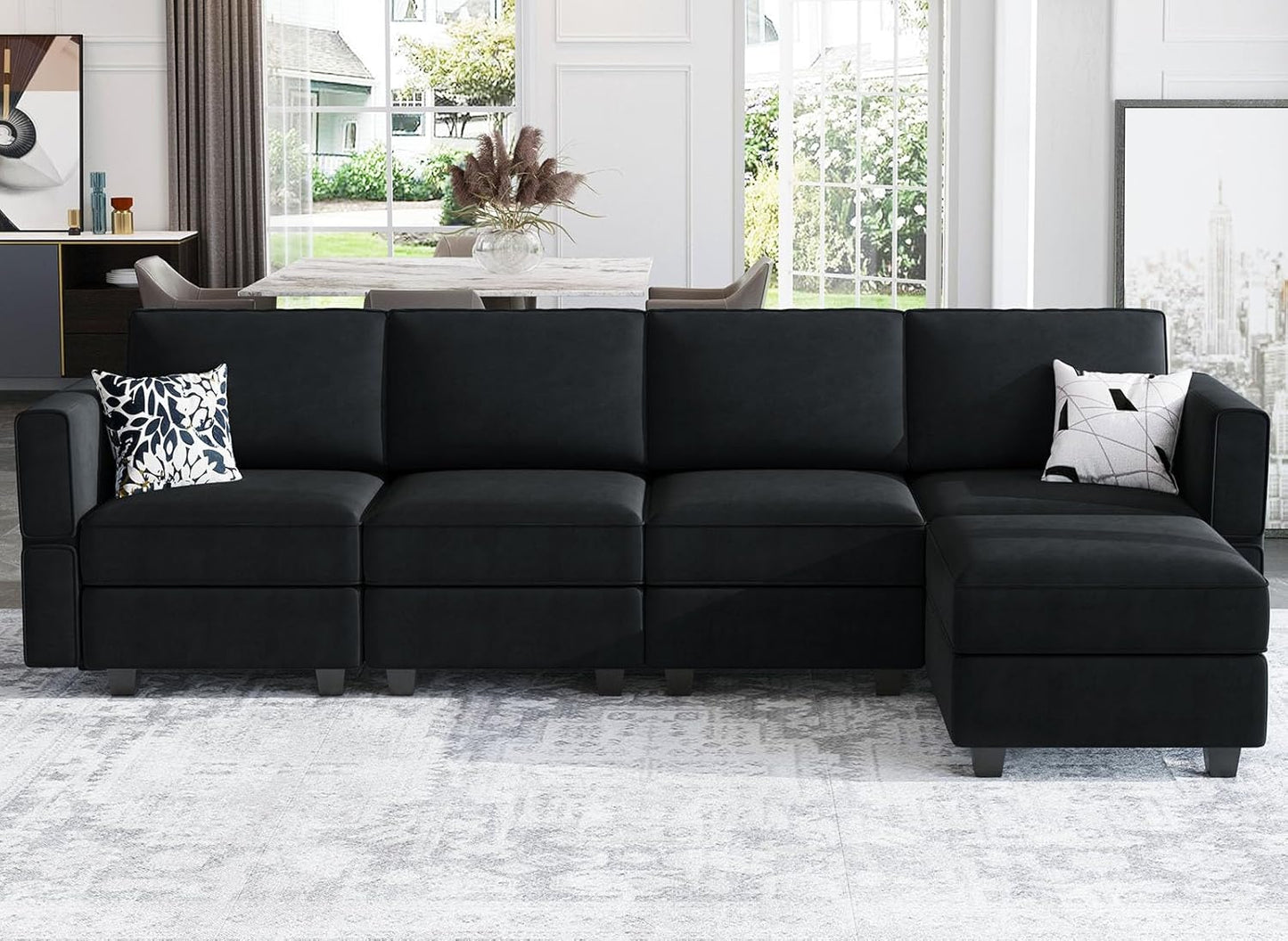 Belffin Modular Sectional Sofa Couch with Reversible Chaise Velvet L Shaped Couch Sofa with Storage 4-seat Convertible Sectional Sofas Black