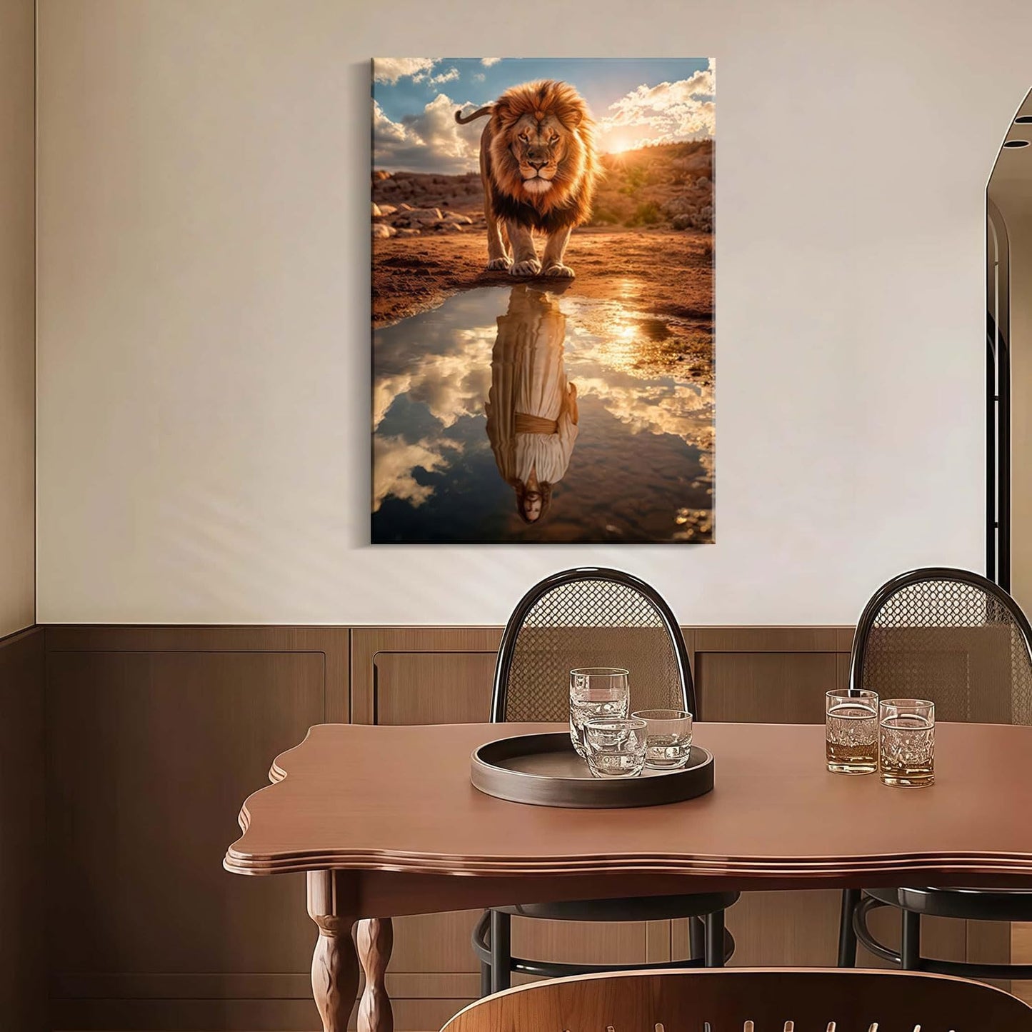 Framed Canvas Wall Painting Lion and Jesus Reflection Religious Poster Inspirational Faith Gallery Picture Print for Living Room and Bedroom Decor 12x16 Inch Ready to Hang