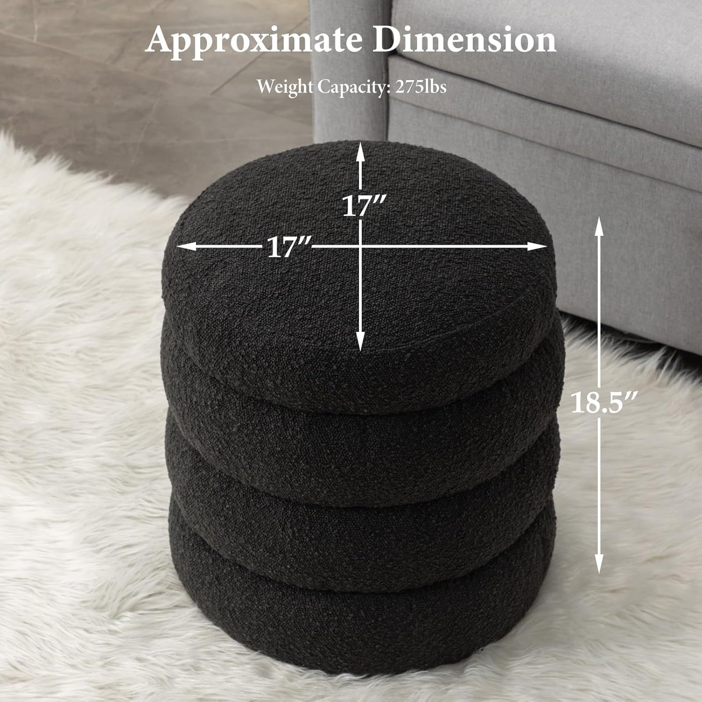 Furniliving Modern Round Ottoman, Soft Bedroom Ottoman Footstool Round Ottomans Stool for Living Room, Bedroom, Makeup Room, Black, Boucle