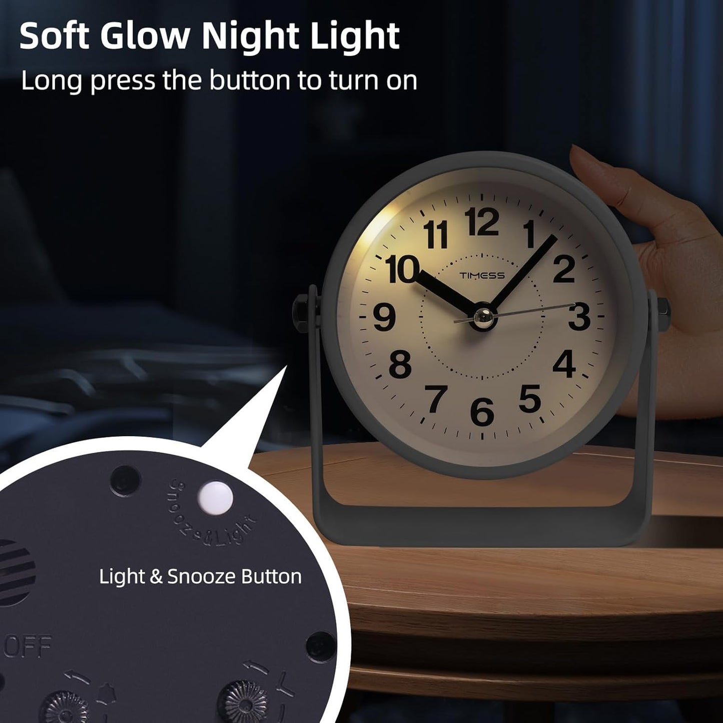 Analog Alarm Clock, Silent Non-Ticking Quartz Movement, Battery-Operated with Snooze & On-Demand Light, Easy to Set Gentle Wake Bedside Desk Clock, Ideal for Home, Travel, Office (White)