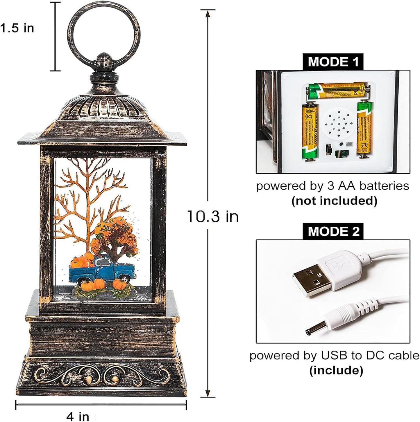 Fall Snow Globe Lantern, Thanksgiving Lighted Lantern, Swirling Glitter Snow Globe for Fall Harvest Day Decorations, Home Fall Decor, Halloween (Truck&Pumpkins)