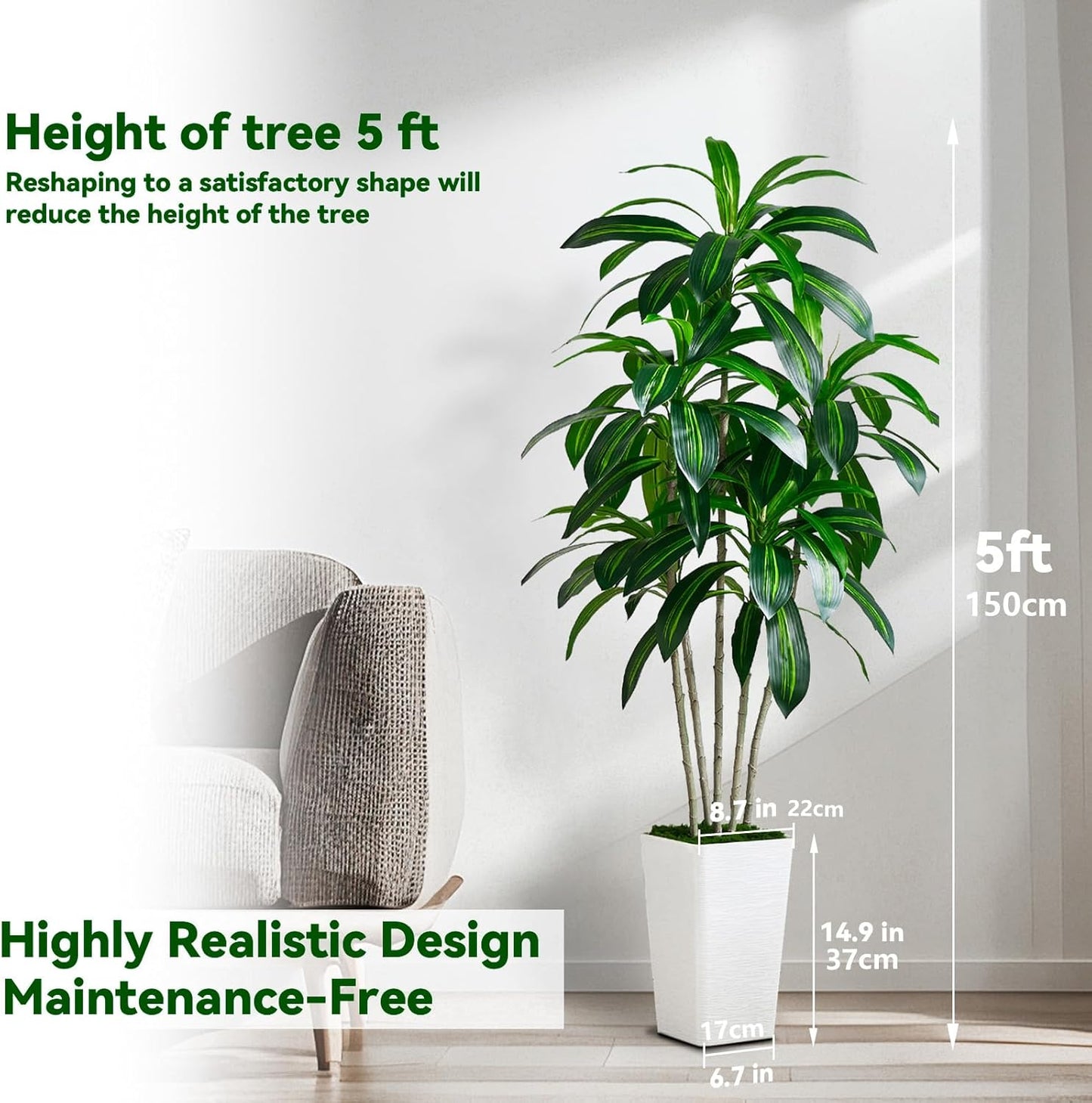 Artificial Dracaena Tree Artificial Silk Tree Faux Tree with White Tall Planter Fake Tropical Yucca Floor Plant (1, White Tall Planter, 5 FT)