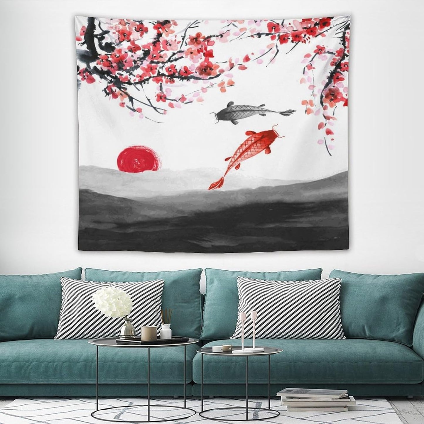Houselerax Japanese Koi Fish Tapestries, Cherry Blossoms Asian Oriental Flower Branch Koi Fish Carp Tapestry Wall Hanging for Bedroom Living Room Office Decor 60"x50"
