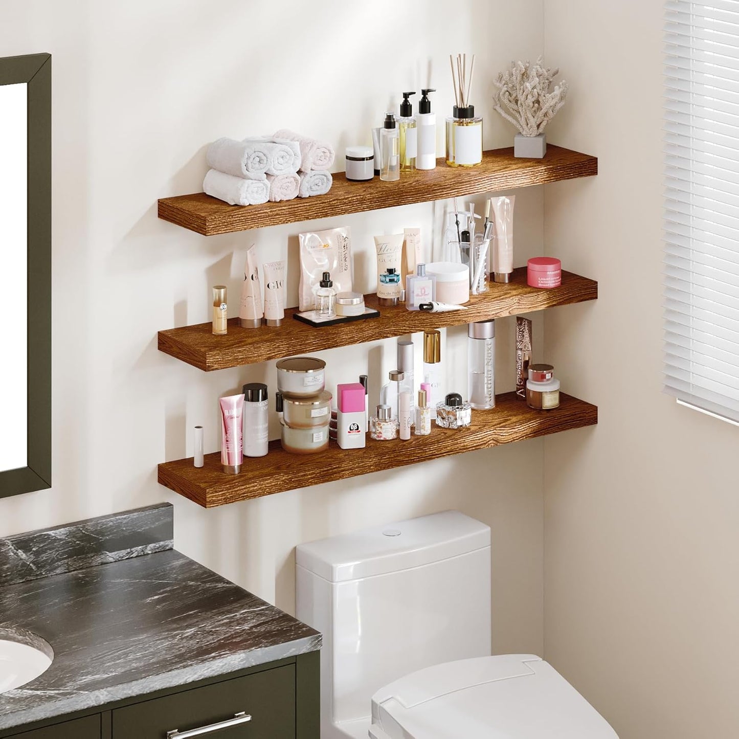 BAMEOS Floating Shelves, American Oak Wall Mounted Wooden Shelves with Invisible Brackets Set of 3, Hanging Wall Shelves Decoration for Bedroom, Bathroom, Living Room and Kitchen