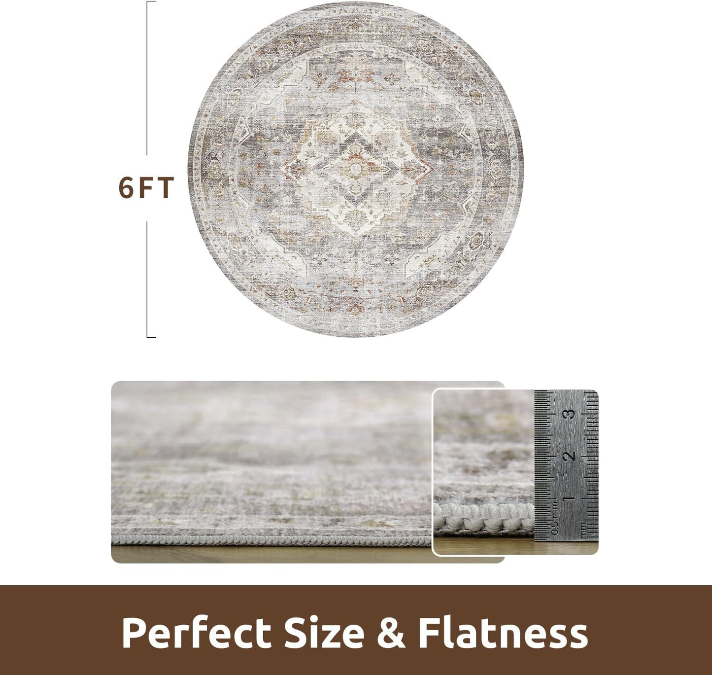 AMOAMI-6FT Round Rug-Rugs for Living Room-Vintage Soft Grey Rugs for Bedroom-Non Slip Circle Rug-Machine Washable Rug for Dining Room Living Room Bedroom Office Under Table