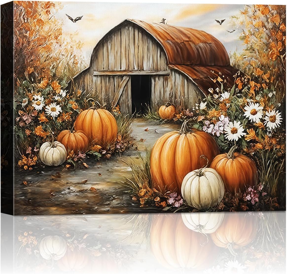 Autumn Pumpkin Barn Framed Wall Art Decor, Moody Fall Decor Rustic Country Landscape Picture Print for Farmhouse Decor,Thanksgiving Decorations Country Canvas Wall Art, Ready to Hang