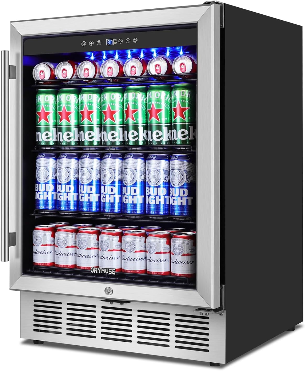 24" Beverage Refrigerator & Cooler, 180 Cans Under Counter Fridge with Lock, Glass Door & Powerful Cooling Compressor - Quiet, Built-in/Freestanding Drink Fridge