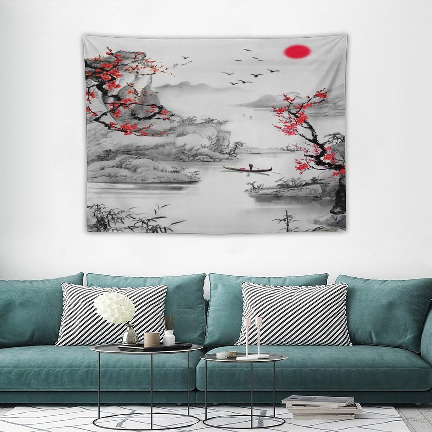 Cherry Blossoms Tapestry, Japanese Red Landscape Watercolor Abstract Art, Asian Japanese Wall Tapestry, Nature Landscape Tapestries for Bedroom Living Room Decor 40"x30"